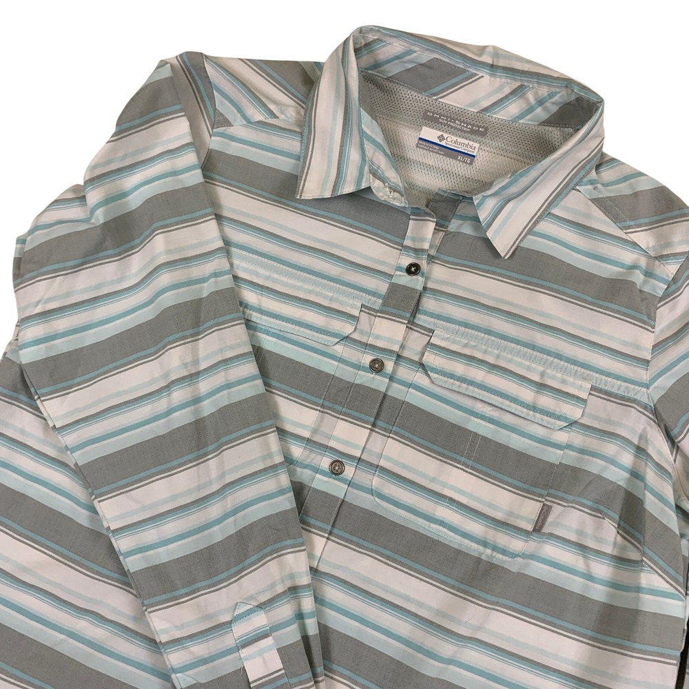 Columbia Omni-Shade Striped Long Sleeve Hiking Shirt Teal Grey Womens XL AL9138